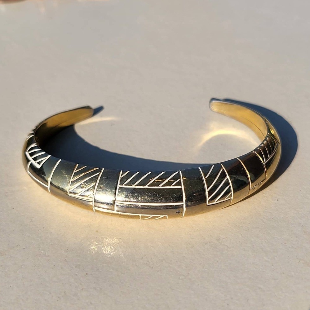 Vintage Brass Geometric Etched Cuff Bracelet Gold White Enamel Tapered Bangle